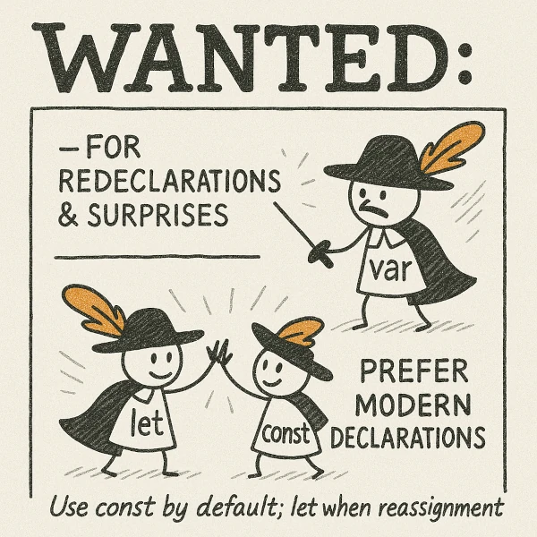 Three musketeers representing let, const and var